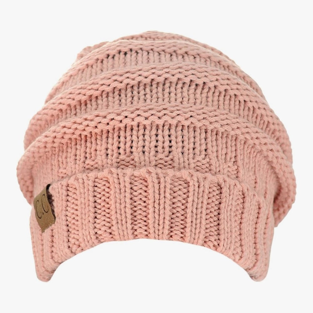 CC Indi Pink Knit Beanie, Wrinkled Beanie Cap Slouchy Skull Hat, Oversized - Picture 1 of 4